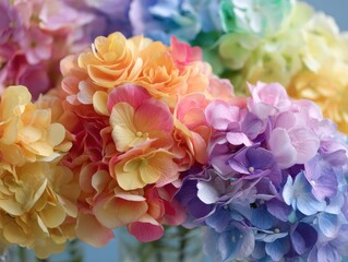 Obraz premium Rainbow Hydrangea Blooms With Dew Drops Soft Pastel Colors In Gentle Sunlight