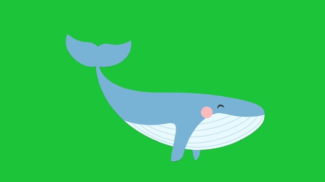 Cute blue whale swims across a bright green background with gentle tail and fin motion soft bubbles rising in a smooth looped animation for kids today
