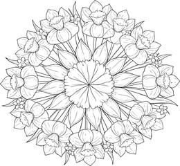 Floral Mandala Line Art Vector Illustration with Symmetrical Flower Pattern, Decorative Ornamental Design, and Detailed Botanical Outline Drawing