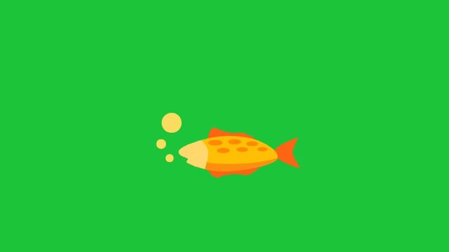 Vibrant orange and yellow fish swims across a bright green background with three rising bubbles smooth looped motion perfect for kids educational clip