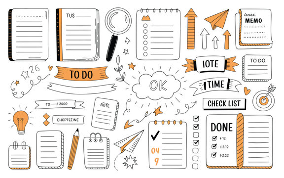 Bullet journal hand drawn doodle vector set, planner stickers, labels, frames, and scribble elements for diary decoration, notebook organization, scrapbooking, and creative journaling design