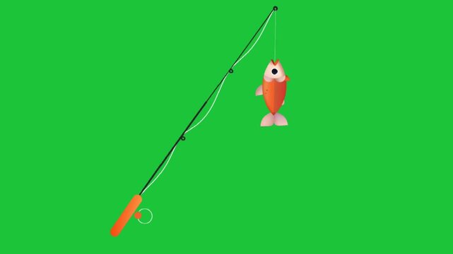 Fishing rod lifts a bright orange fish against a green screen with gentle bobbing motion and playful bubbles ideal for kids animation
