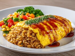 Savory Omelet Rice Topped With Sweet Brown Sauce and Side of Mixed Vegetables Served on White Plate