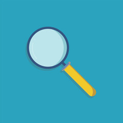 Flat magnifying glass icon with a yellow handle, isolated on a blue background for search and discovery