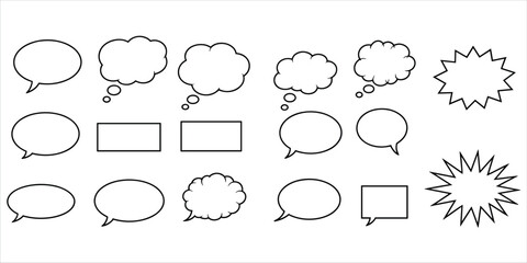 Assortment of outline speech and thought bubbles and starburst shapes on white background speech bubble