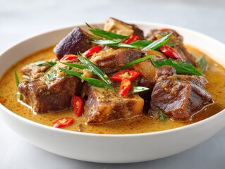 Savory Beef Curry With Chunks Of Meat Eggplant And Sliced Red Chilies In Creamy Sauce