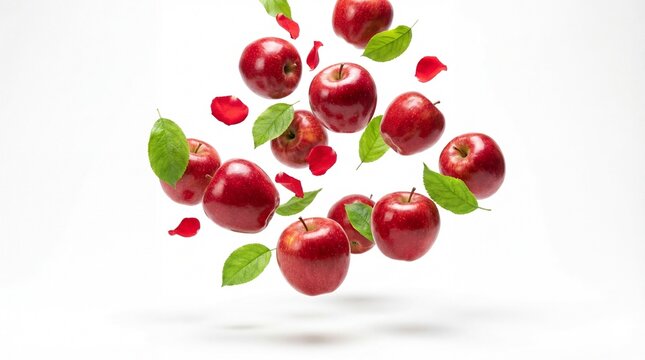 Floating Red Apples with Green Leaves and Rose Petals.