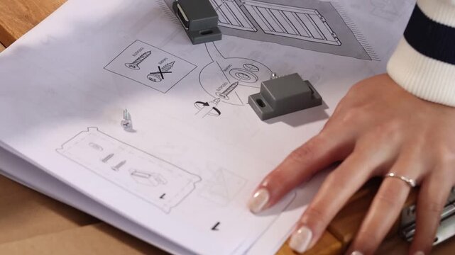 Close Up of Hands Reviewing Furniture Assembly Instruction Manual