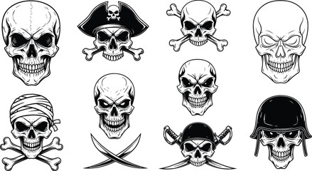 Skull and Crossbones Pirate Emblem Collection with Bandana, Helmet and Swords, Vintage Black and White Vector Illustration Set