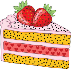 Strawberry Cake Slice Vector Illustration with Cream Layers, Fresh Berries, and Sweet Dessert Decoration Design