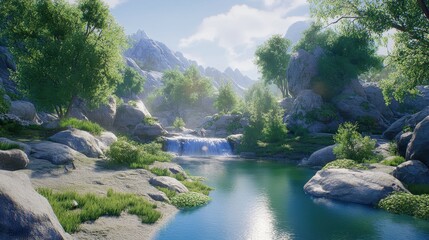 Tranquil Mountain Valley with Cascading River Flowing into a Serene Lake Bathed in Bright Sunlight