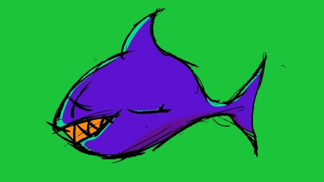 Playful purple shark with teal accents and bold orange teeth swims across a bright green background in a looping animated motion for kids media online
