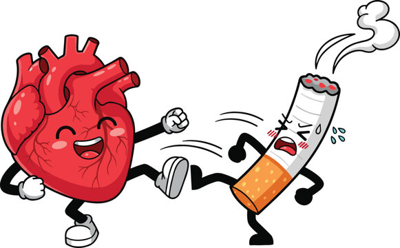 Cartoon Human Heart Character Kicking Cigarette Mascot Anti Smoking Health Concept Vector Illustration Isolated on White Background