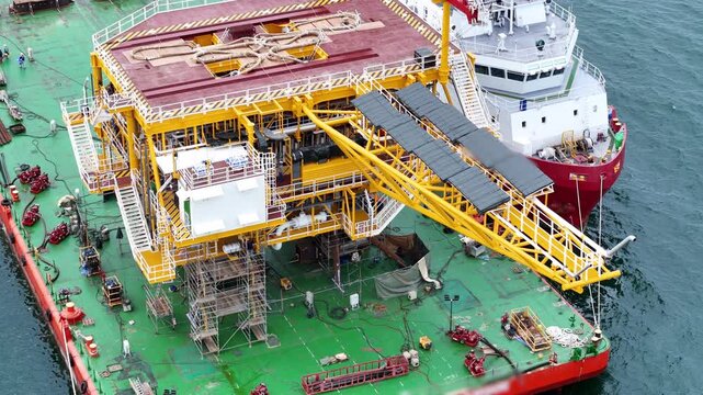 offshore oil platform topside module with a red helideck loaded on a green heavy transport barge at sea, with a red support vessel alongside. Industrial marine engineering.