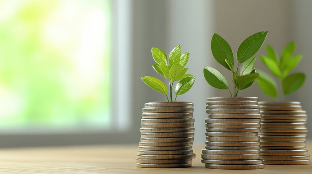 Stacks of coins with growing plants representing financial growth and investment success