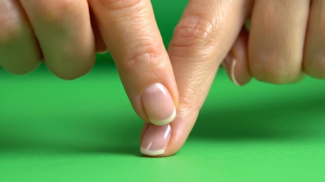 Two fingers with French manicured nails touching tips on a vibrant green background.