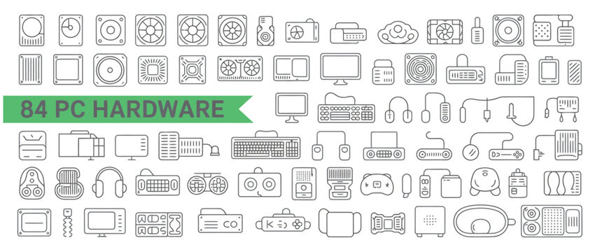 Comprehensive set of 84 PC hardware icons in a clean line art style, featuring components like CPUs, fans, motherboards, monitors, keyboards, and peripherals for technology and computing themes.