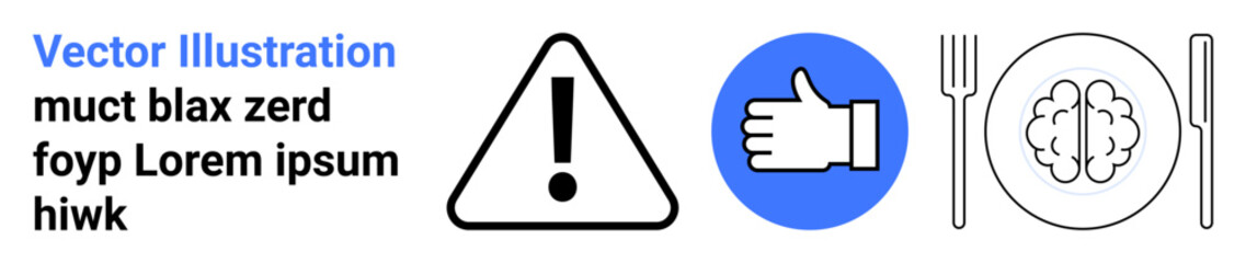 Obraz premium Safety warnings, approval systems, eating habits, mental awareness, decision-making, education. Exclamation mark in triangle, thumbs-up icon brain with cutlery on a plate. Safety warnings