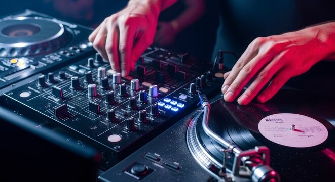 DJ Mixing Music on Controller at Nightclub.