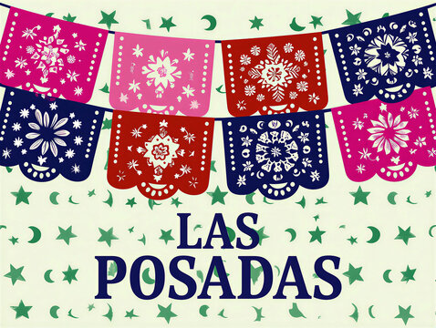 Colorful papel picado banner with las posadas holiday text design