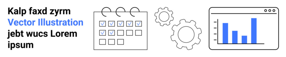 Fototapeta premium Productivity, workflow management, scheduling, task organization, data analysis, business operations. Visual includes a calendar, gears and a bar chart. Workflow management and productivity concept