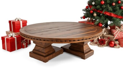 Elegant wooden table surrounded by festive holiday gifts and a decorated tree
