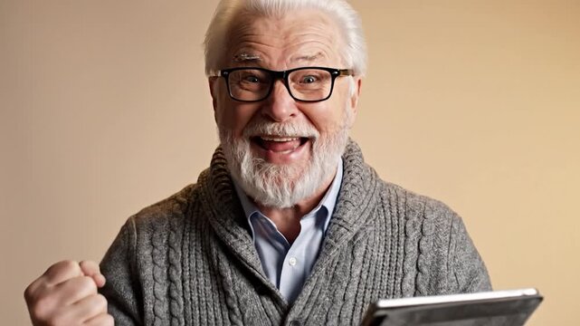 Elderly man with tablet expresses surprise and success holding fist up in excitement technology and age concept