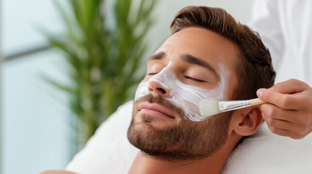 Man receiving facial mask treatment at spa, demonstrating male grooming and self-care for skin health and relaxation concept.