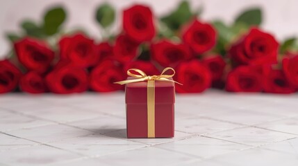 Elegant red gift box adorned with a bow surrounded by roses on a white surface