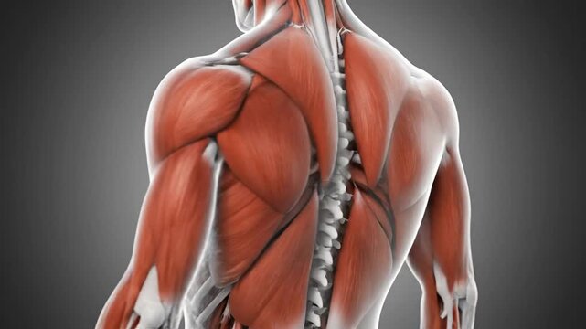 Detailed anatomical illustration of a human back with exposed muscles and spine viewed from behind