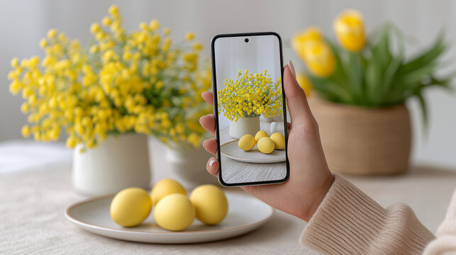 Woman holding phone and taking picture of mimosa flowers and yellow Easter eggs on table for spring holiday celebration.