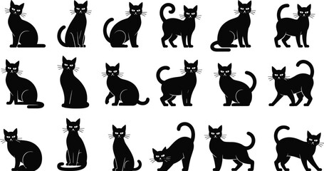 Collection of diverse cat silhouettes in sitting, standing, and walking poses showing feline behavior, posture, and lifestyle vector design © Kajl