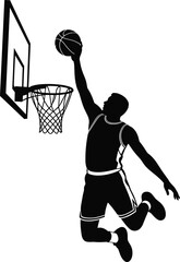 Dynamic black and white silhouette of basketball player performing powerful slam dunk in mid-air with hoop and backboard visible © Kajal