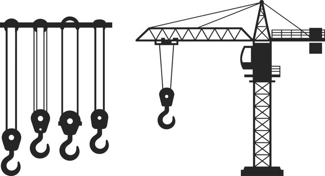 Black silhouette illustration showing multiple pulley systems alongside a tall tower crane with hook and jib, symbolizing lifting equipment in construction