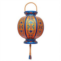 Vibrant decorative lantern with intricate patterns and blue accents hanging on twine