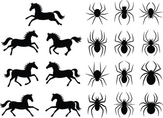 Naklejka premium Black Silhouette Vector Set of Galloping Wild Horses and Various Realistic Spiders Isolated on White Background for Halloween Graphics Nature Illustrations and Tattoo Design Elements