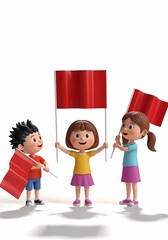 赤い旗を振る子供達が踊る