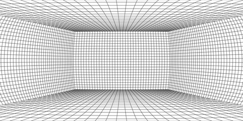 Wireframe grid room. 3d perspective background. Futuristic digital outline space. Black and white geometric design. Vector template illustration. Angle point of view.