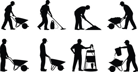 Construction workers silhouette set, laborers with wheelbarrow shovel tools cleaning and building maintenance isolated on white background © MstNilufar
