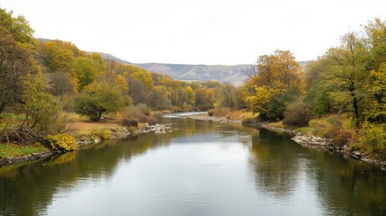 Serene river journey through autumnal forest landscape