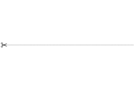 Dotted line,  perforated line, with scissors mark, meaning "Please cut along the dotted line"
