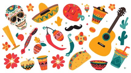 Vibrant icons representing mexican culture and day of the dead celebration