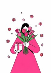 花束と贈り物を優雅に抱える