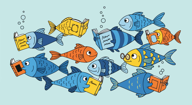 A group of colorful cartoon fish swimming and reading books underwater