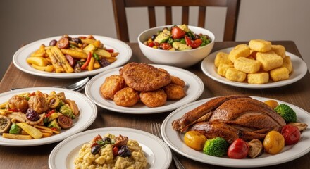 A table set with a variety of dishes, including roasted turkey, mashed potatoes, and vegetables, arranged in a visually appealing manner.