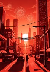 赤い街に花火が輝く