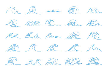 Obraz premium Wave sea line doodle icon set, hand drawn water wave outline collection with simple curve shapes, scribble aqua flow elements in minimalist sketch style, isolated vector illustration for logo, brandin