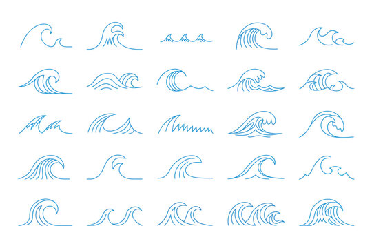 Wave sea line doodle icon set, hand drawn water wave outline collection with simple curve shapes, scribble aqua flow elements in minimalist sketch style, isolated vector illustration for logo, brandin