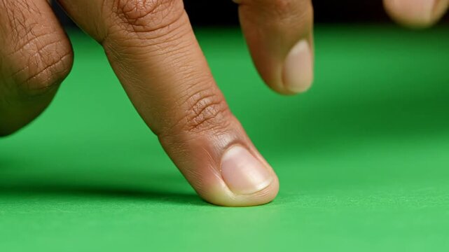 A person's finger gently touching a vibrant green felt surface, possibly a billiard table.