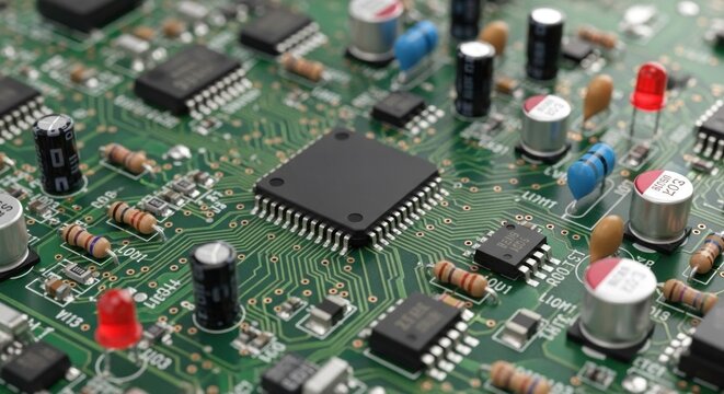 A close-up of a circuit board with electronic components and capacitors.